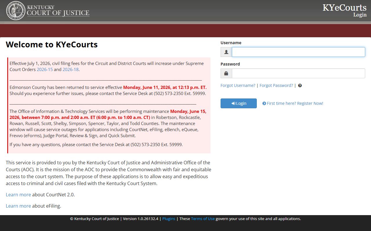KYeCourts CourtNet case search entry page